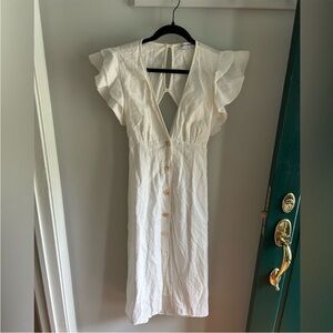 Anthropologie White Button-Front Ruffle Sleeve Dress